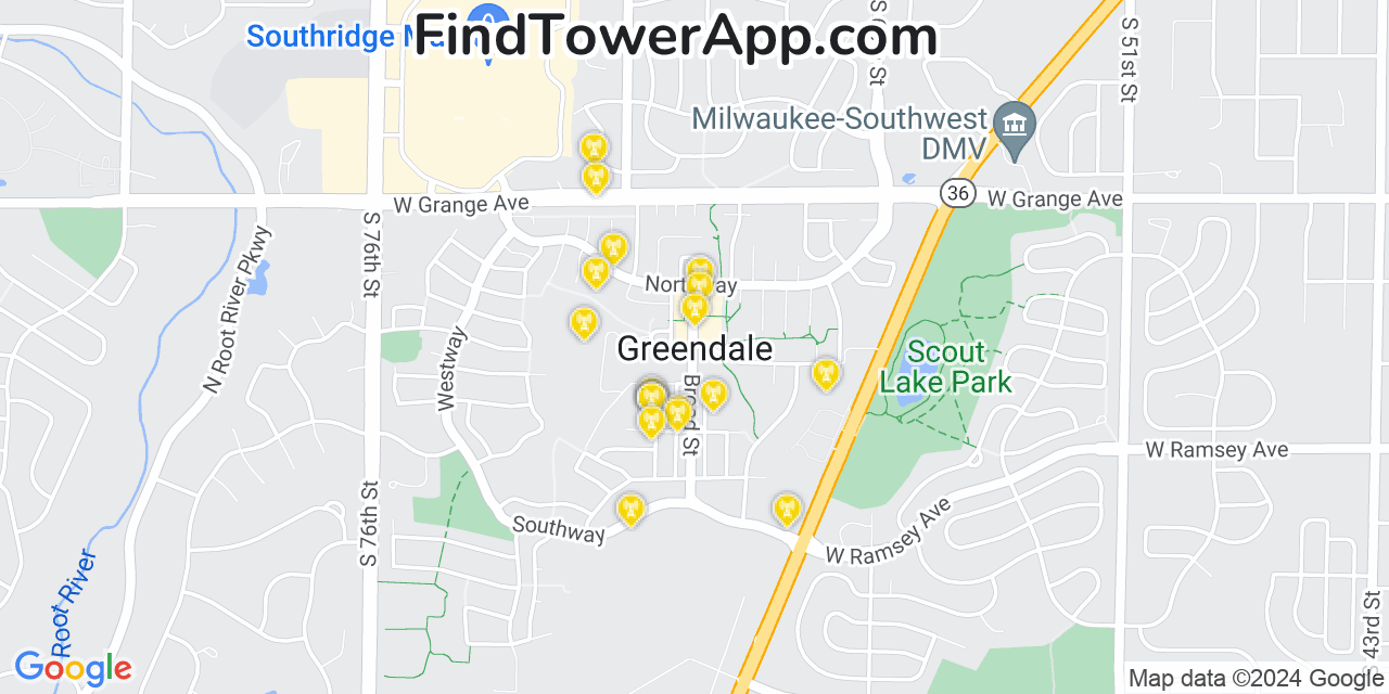 AT&T 4G/5G cell tower coverage map Greendale, Wisconsin