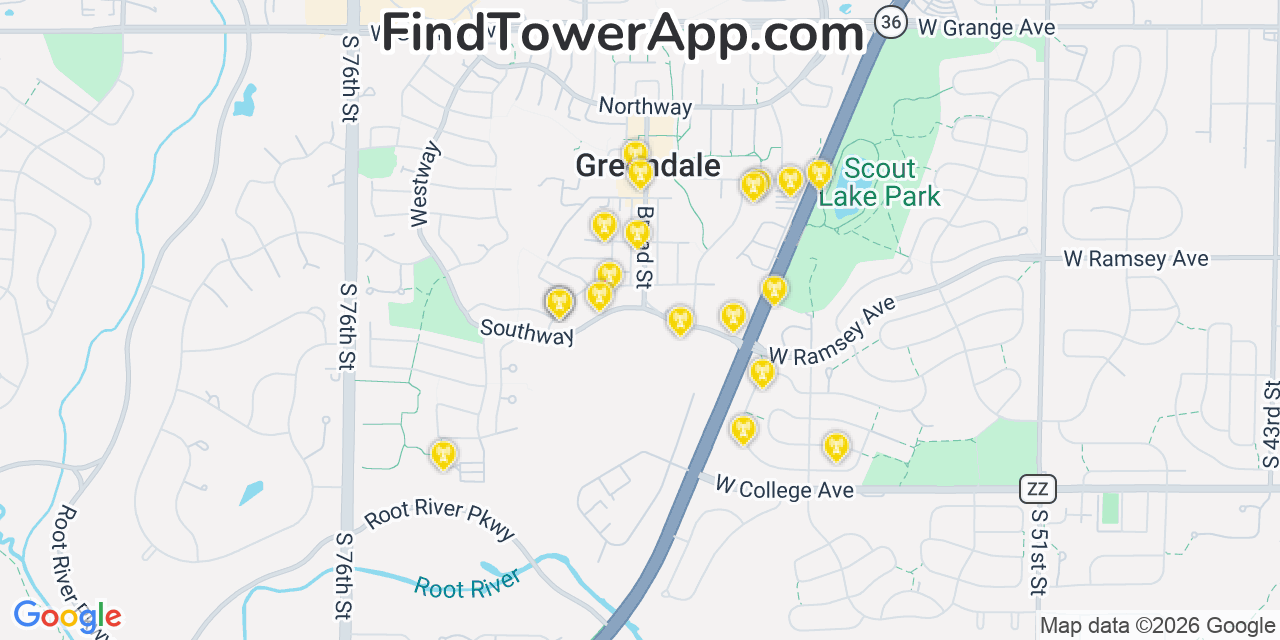 Map showing the 20 primary cell tower locations detected in Greendale, Wisconsin from AT&T, Verizon, and T-Mobile networks