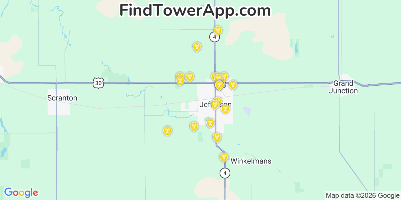 Map showing the 20 primary cell tower locations detected in Greene, Iowa from AT&T, Verizon, and T-Mobile networks