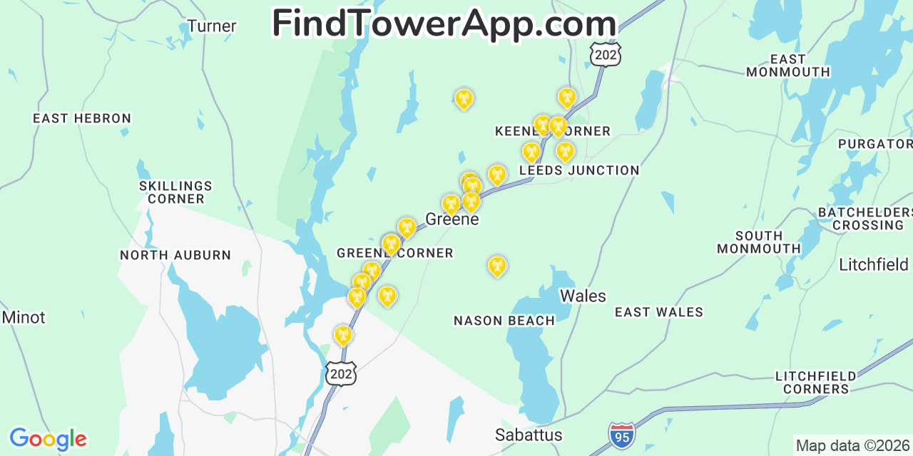 Map showing the 20 primary cell tower locations detected in Greene, Maine from AT&T, Verizon, and T-Mobile networks