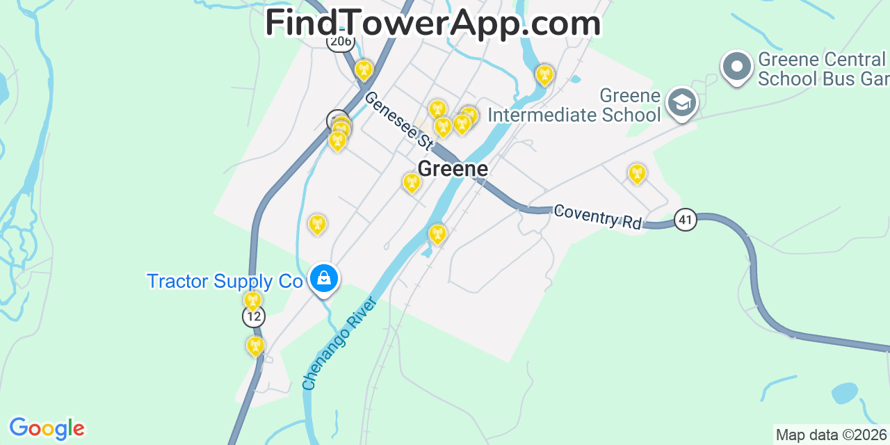 Map showing the 20 primary cell tower locations detected in Greene, New York from AT&T, Verizon, and T-Mobile networks