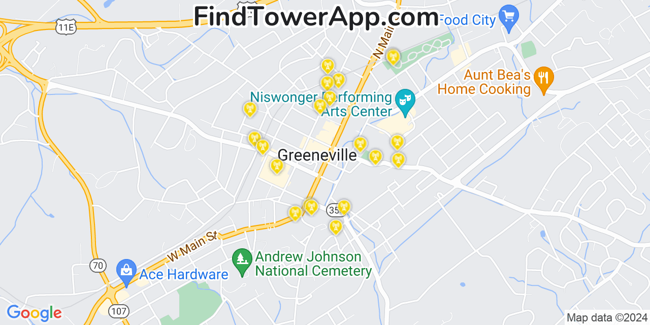 AT&T 4G/5G cell tower coverage map Greeneville, Tennessee