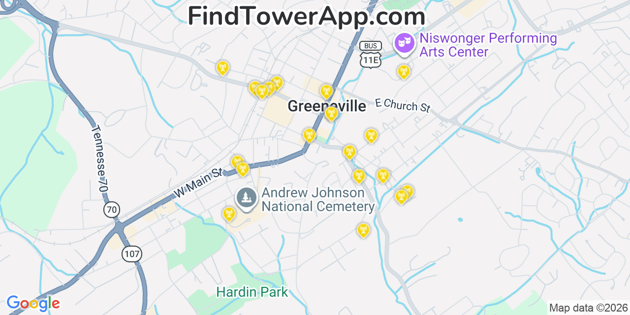 Map showing the 20 primary cell tower locations detected in Greeneville, Tennessee from AT&T, Verizon, and T-Mobile networks