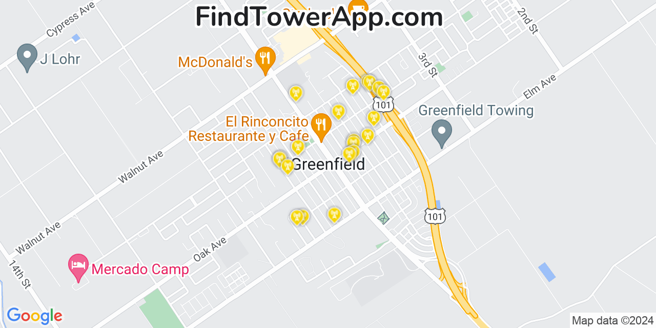 AT&T 4G/5G cell tower coverage map Greenfield, California