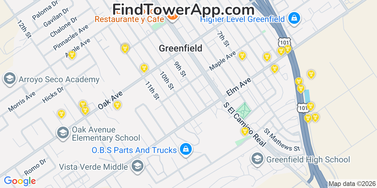 Map showing the 20 primary cell tower locations detected in Greenfield, California from AT&T, Verizon, and T-Mobile networks