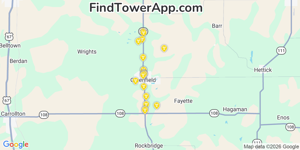 Map showing the 20 primary cell tower locations detected in Greenfield, Illinois from AT&T, Verizon, and T-Mobile networks