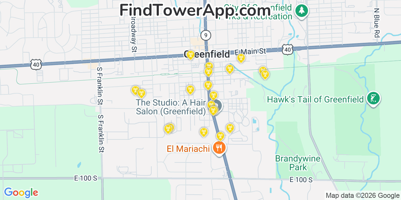 Map showing the 20 primary cell tower locations detected in Greenfield, Indiana from AT&T, Verizon, and T-Mobile networks
