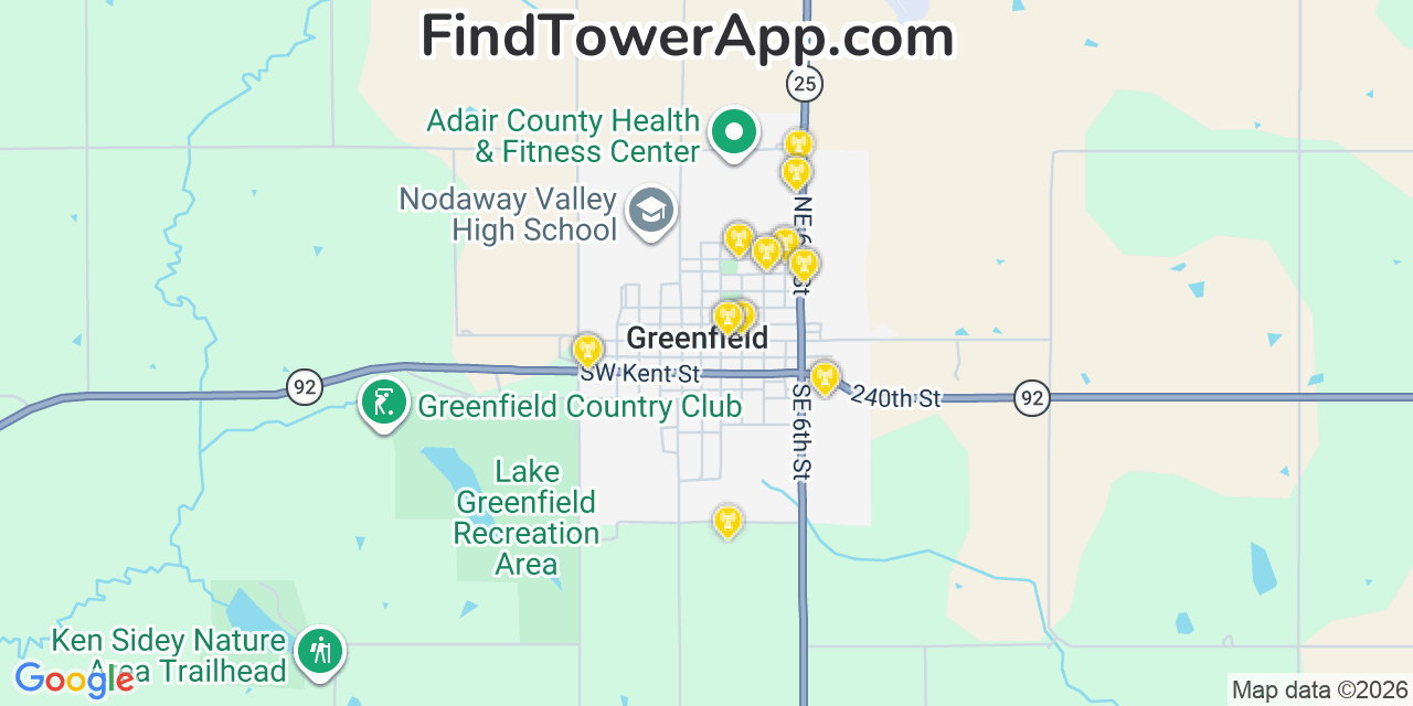 Map showing the 20 primary cell tower locations detected in Greenfield, Iowa from AT&T, Verizon, and T-Mobile networks