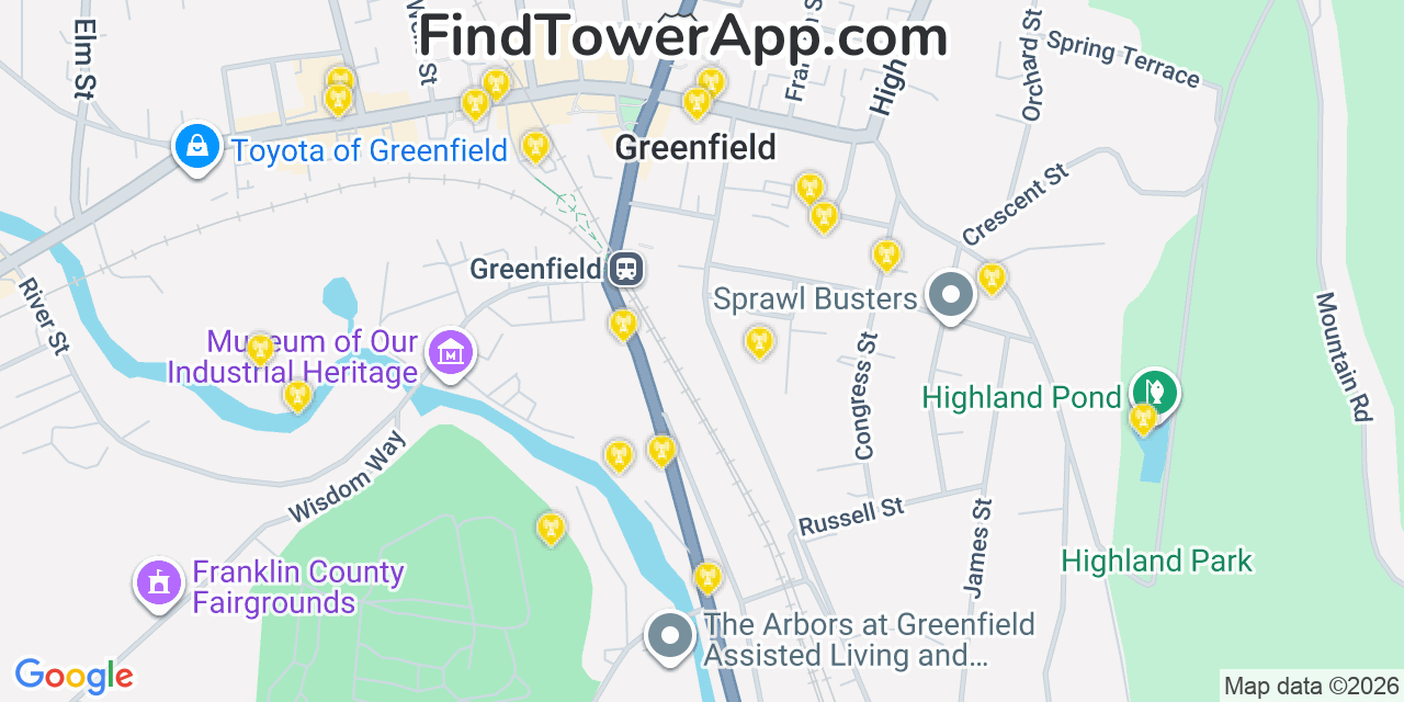 Map showing the 20 primary cell tower locations detected in Greenfield, Massachusetts from AT&T, Verizon, and T-Mobile networks