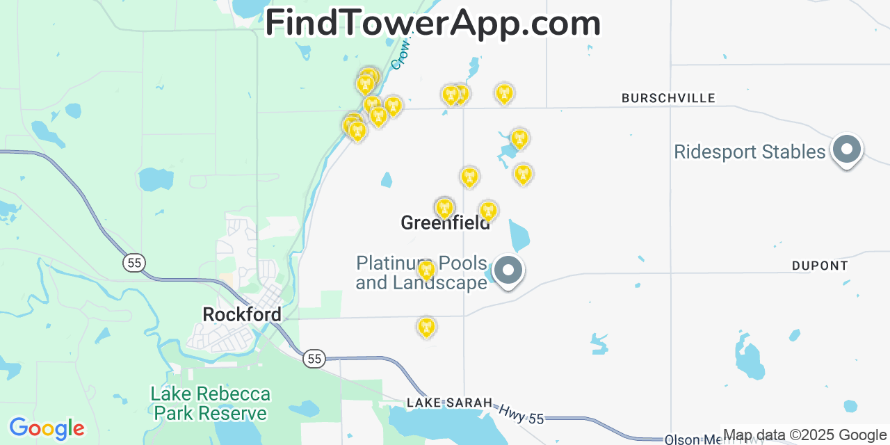 Map showing the 20 primary cell tower locations detected in Greenfield, Minnesota from AT&T, Verizon, and T-Mobile networks
