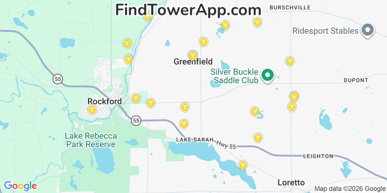 Map showing the 20 primary cell tower locations detected in Greenfield, Minnesota from AT&T, Verizon, and T-Mobile networks
