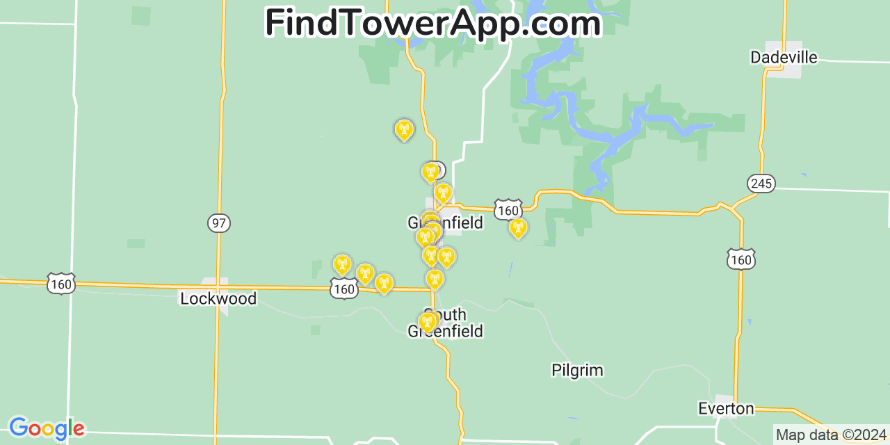 AT&T 4G/5G cell tower coverage map Greenfield, Missouri