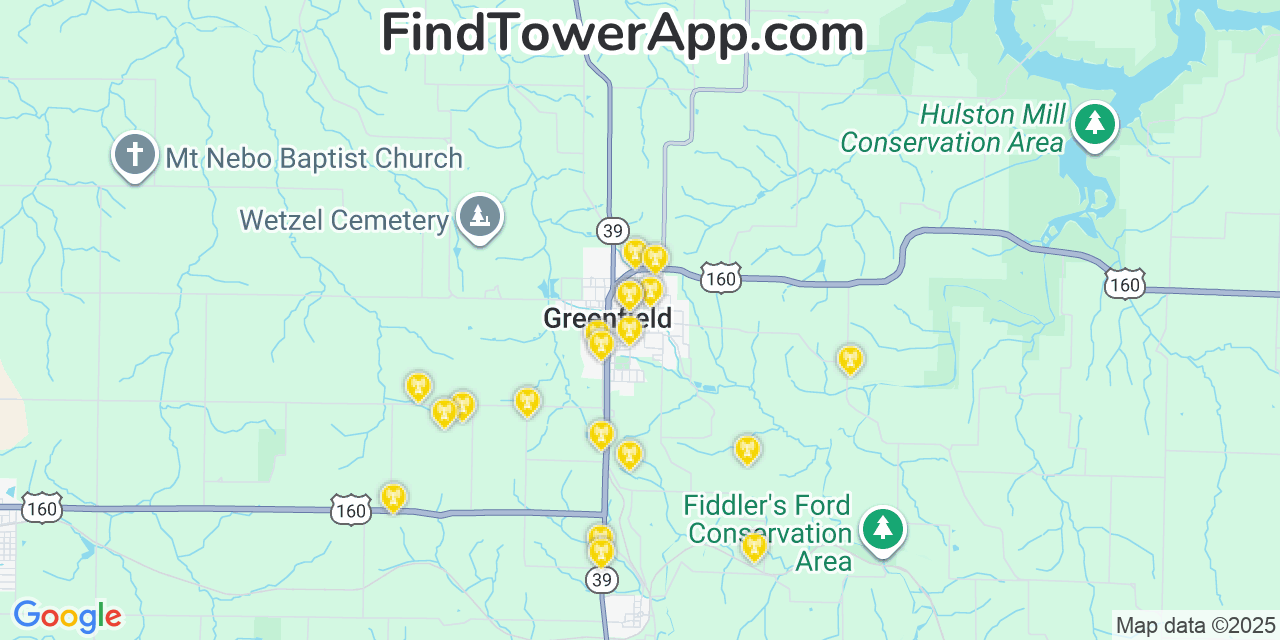Map showing the 20 primary cell tower locations detected in Greenfield, Missouri from AT&T, Verizon, and T-Mobile networks