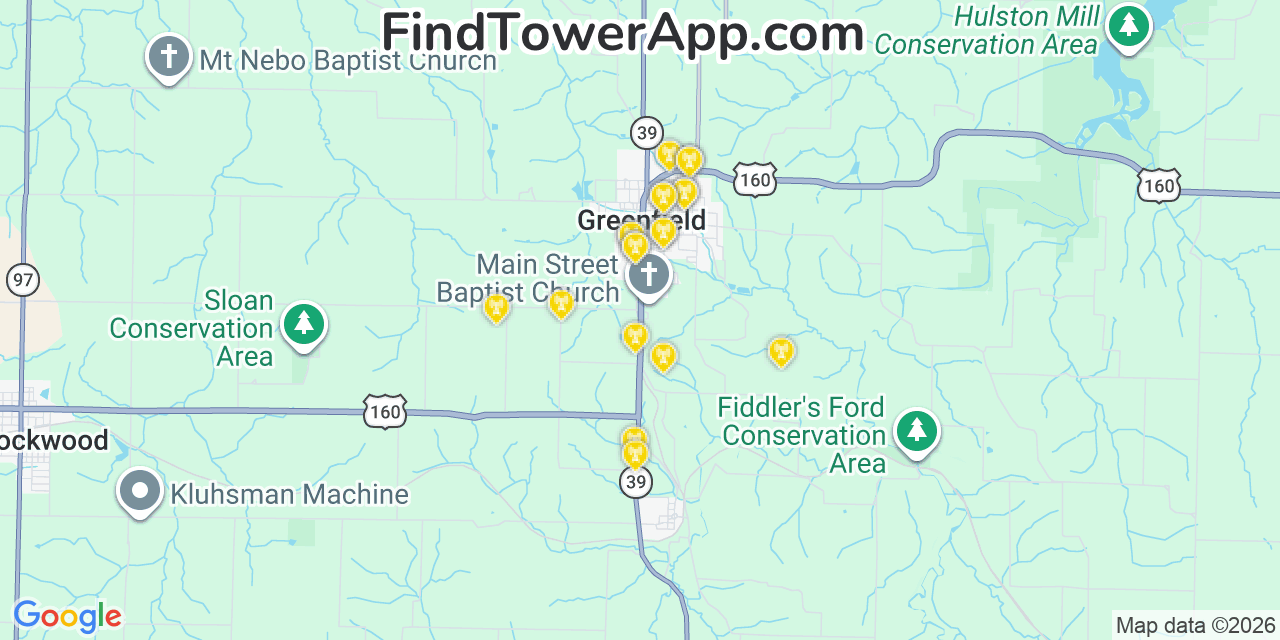 Map showing the 20 primary cell tower locations detected in Greenfield, Missouri from AT&T, Verizon, and T-Mobile networks