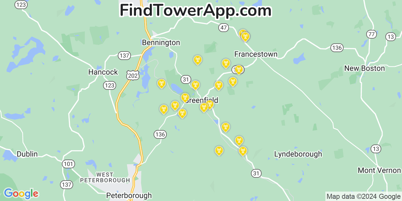 AT&T 4G/5G cell tower coverage map Greenfield, New Hampshire