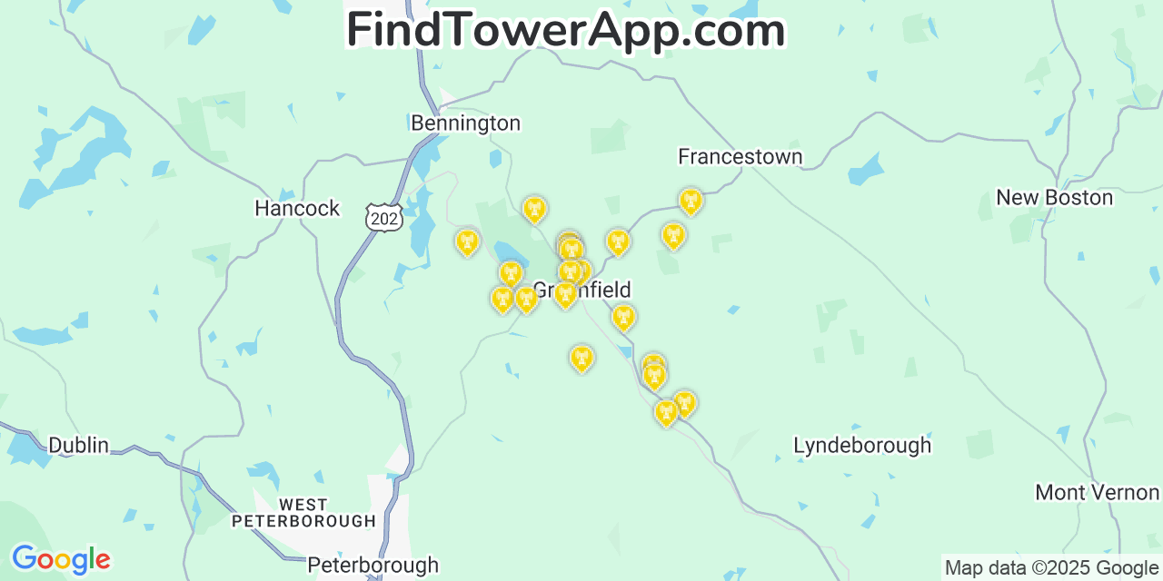 Map showing the 20 primary cell tower locations detected in Greenfield, New Hampshire from AT&T, Verizon, and T-Mobile networks