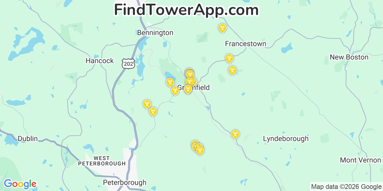 Map showing the 20 primary cell tower locations detected in Greenfield, New Hampshire from AT&T, Verizon, and T-Mobile networks