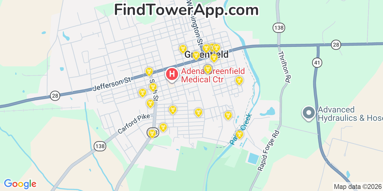 Map showing the 20 primary cell tower locations detected in Greenfield, Ohio from AT&T, Verizon, and T-Mobile networks