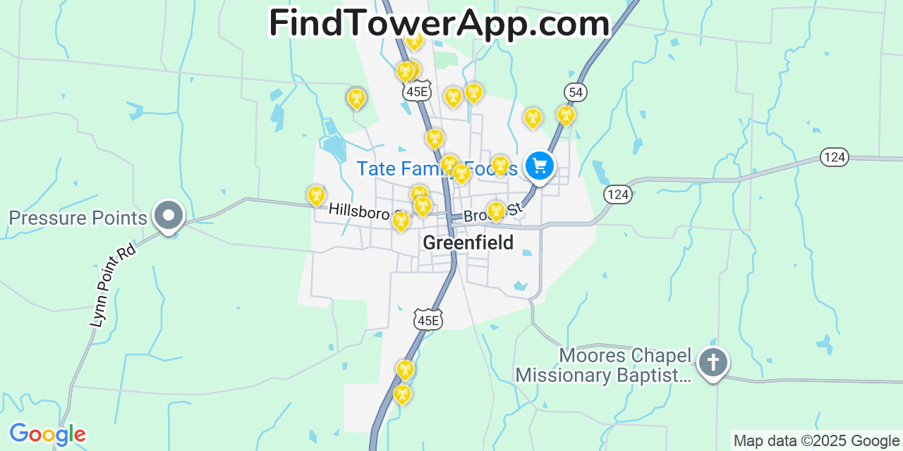 Map showing the 20 primary cell tower locations detected in Greenfield, Tennessee from AT&T, Verizon, and T-Mobile networks