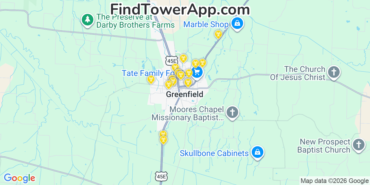 Map showing the 20 primary cell tower locations detected in Greenfield, Tennessee from AT&T, Verizon, and T-Mobile networks