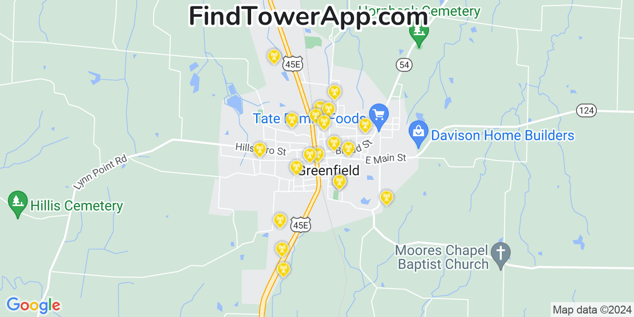 Verizon 4G/5G cell tower coverage map Greenfield, Tennessee