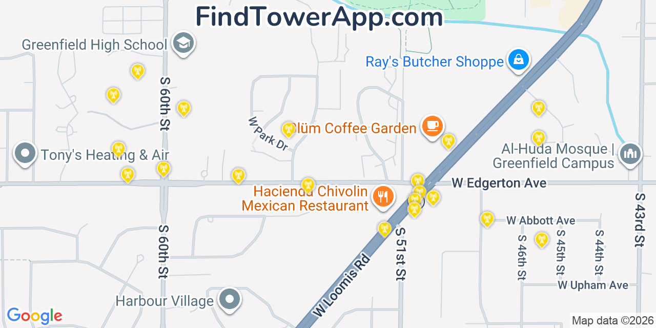 Map showing the 20 primary cell tower locations detected in Greenfield, Wisconsin from AT&T, Verizon, and T-Mobile networks