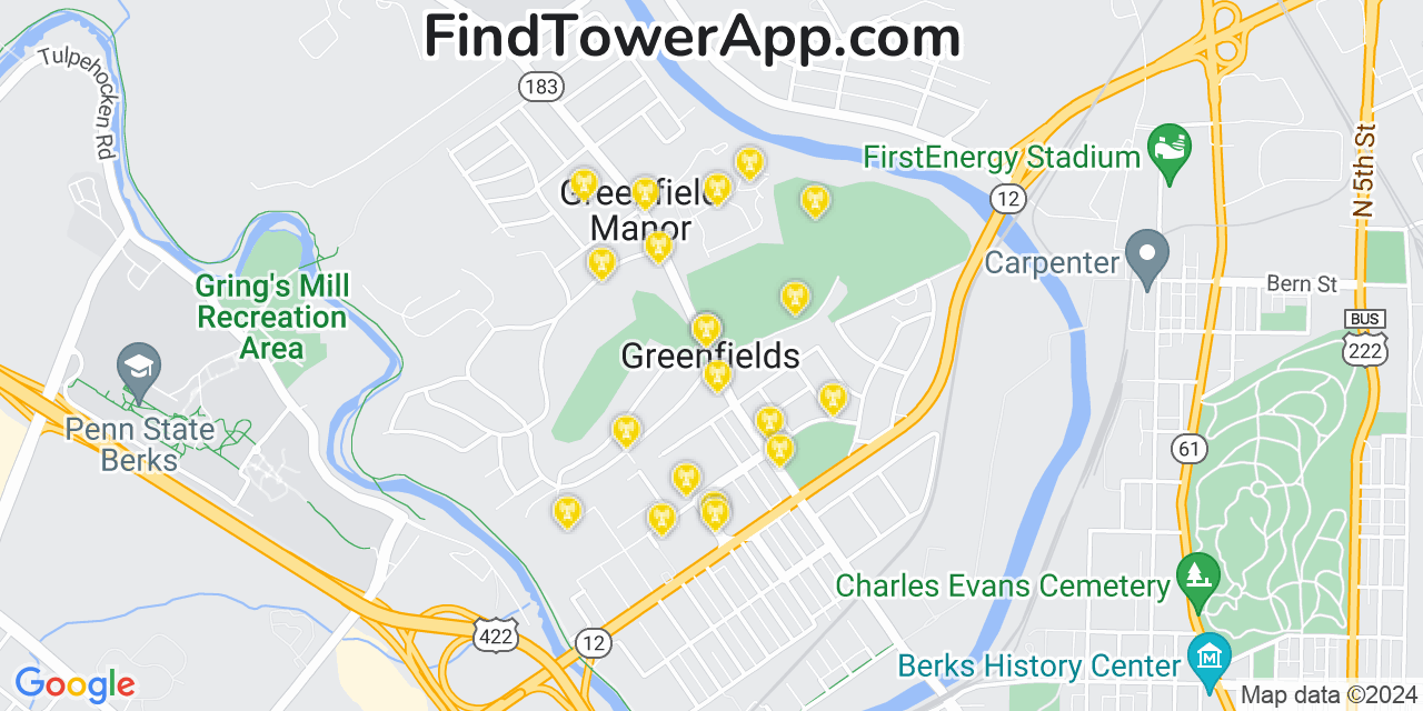 AT&T 4G/5G cell tower coverage map Greenfields, Pennsylvania