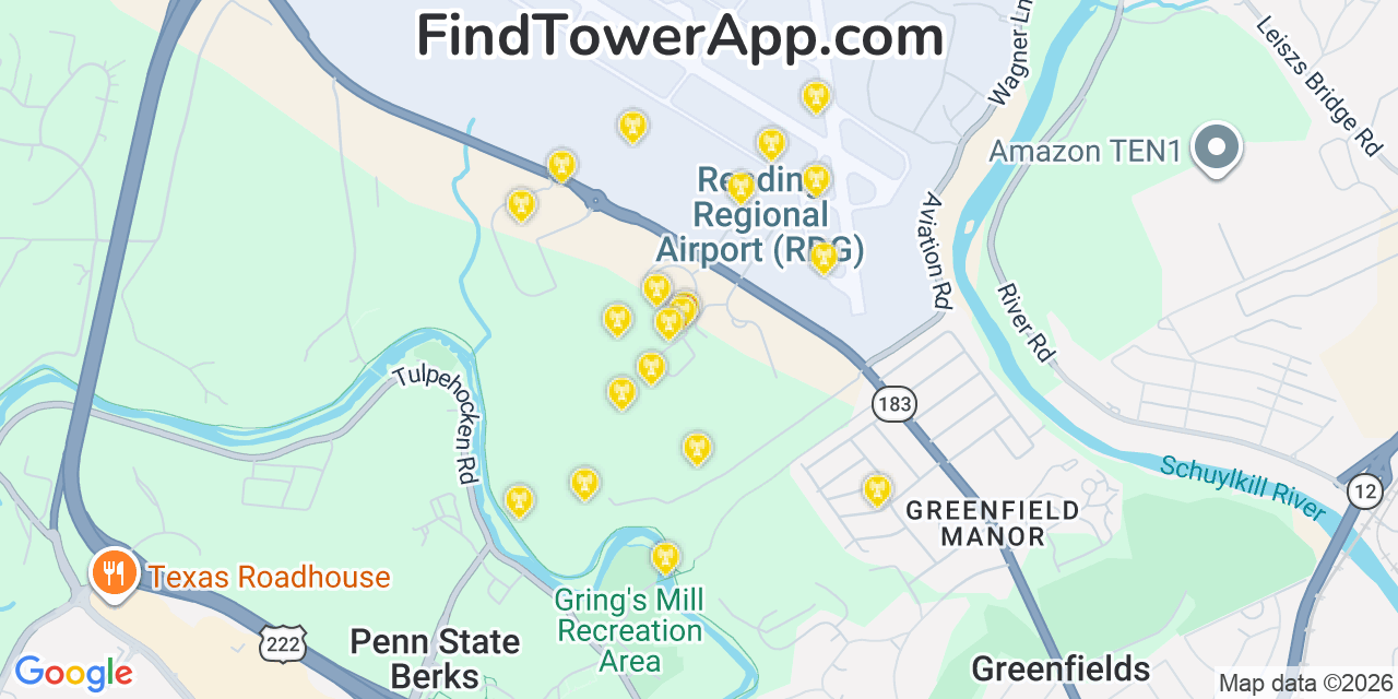 Map showing the 20 primary cell tower locations detected in Greenfields, Pennsylvania from AT&T, Verizon, and T-Mobile networks
