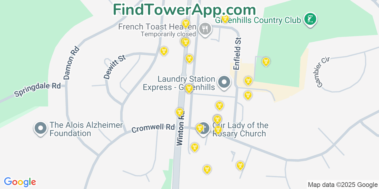 Map showing the 20 primary cell tower locations detected in Greenhills, Ohio from AT&T, Verizon, and T-Mobile networks