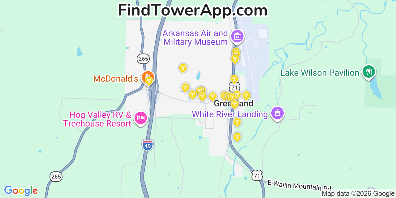 Map showing the 20 primary cell tower locations detected in Greenland, Arkansas from AT&T, Verizon, and T-Mobile networks