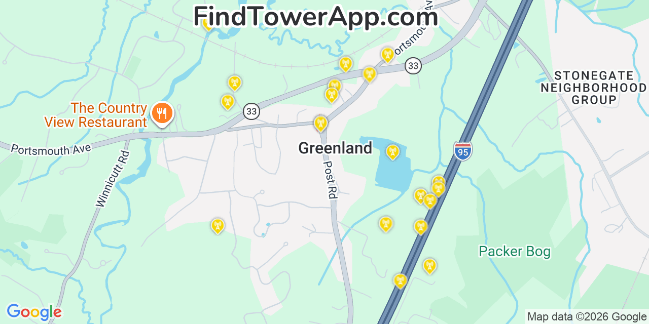 Map showing the 20 primary cell tower locations detected in Greenland, New Hampshire from AT&T, Verizon, and T-Mobile networks
