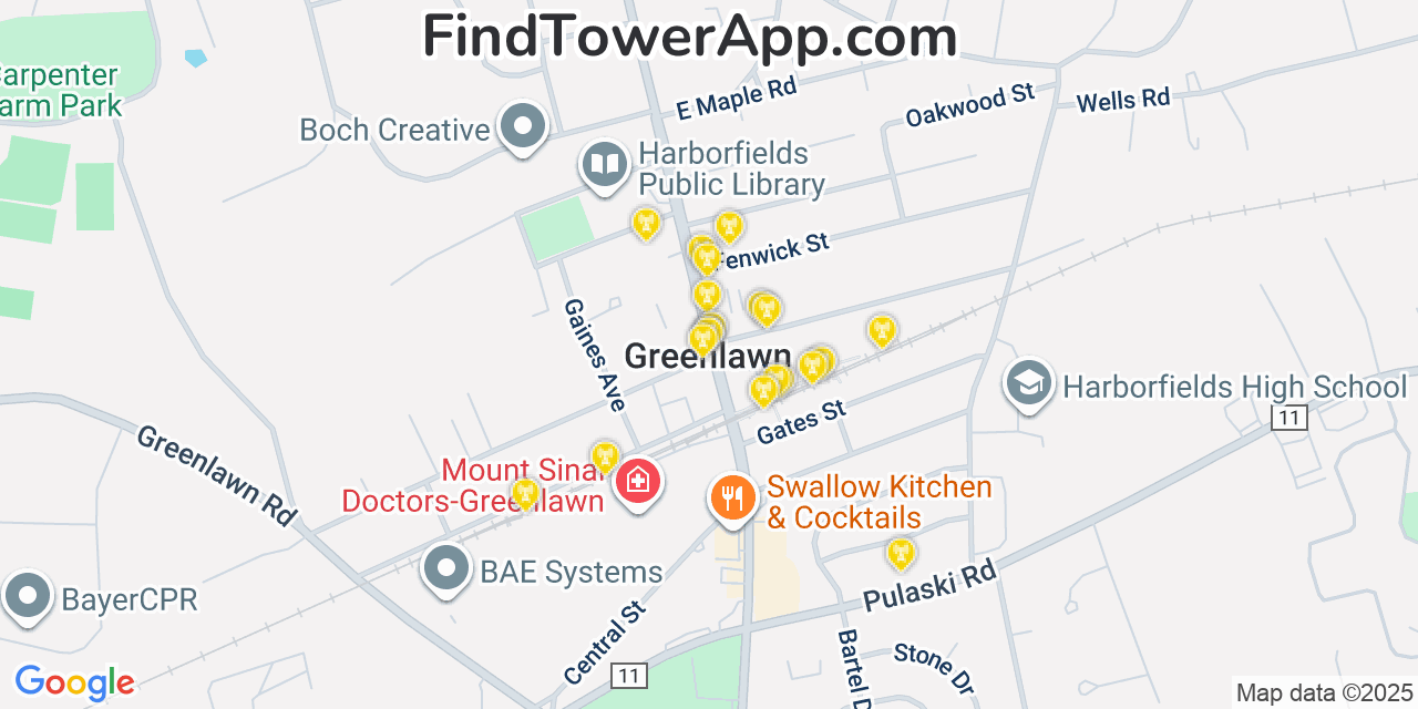 Map showing the 20 primary cell tower locations detected in Greenlawn, New York from AT&T, Verizon, and T-Mobile networks