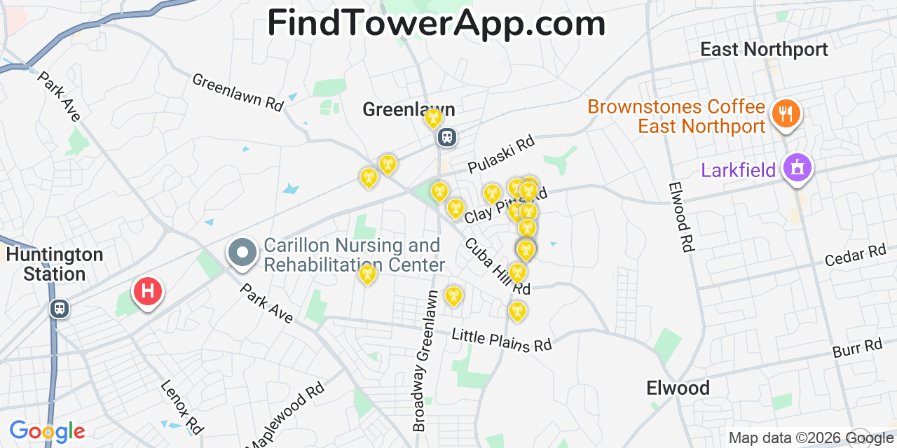 Map showing the 20 primary cell tower locations detected in Greenlawn, New York from AT&T, Verizon, and T-Mobile networks