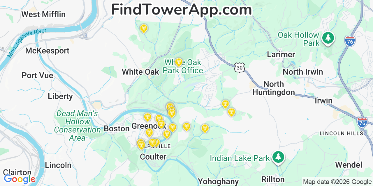 Map showing the 20 primary cell tower locations detected in Greenock, Pennsylvania from AT&T, Verizon, and T-Mobile networks