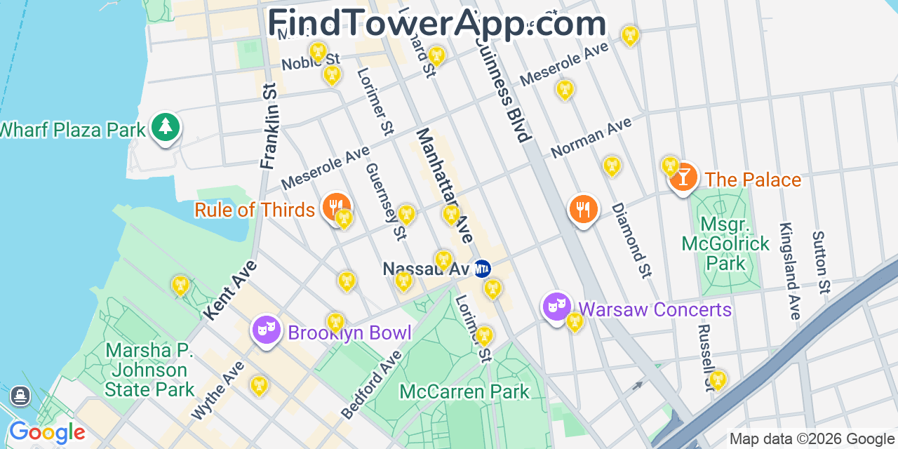 Map showing the 20 primary cell tower locations detected in Greenpoint, New York from AT&T, Verizon, and T-Mobile networks