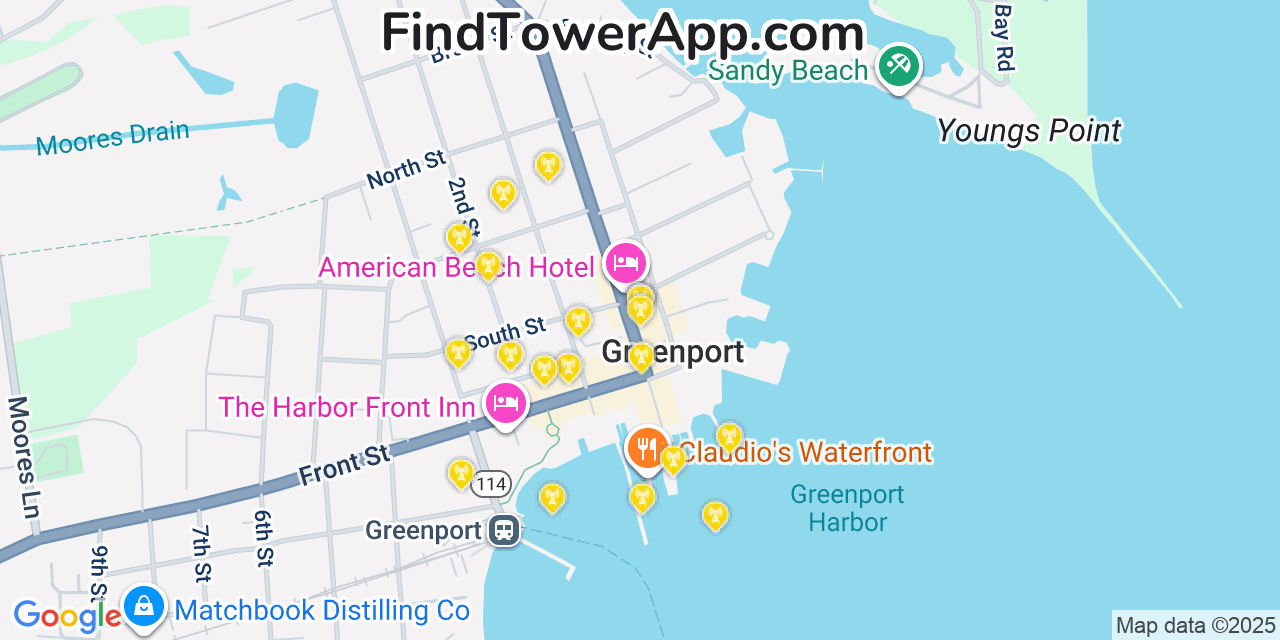 Map showing the 20 primary cell tower locations detected in Greenport, New York from AT&T, Verizon, and T-Mobile networks