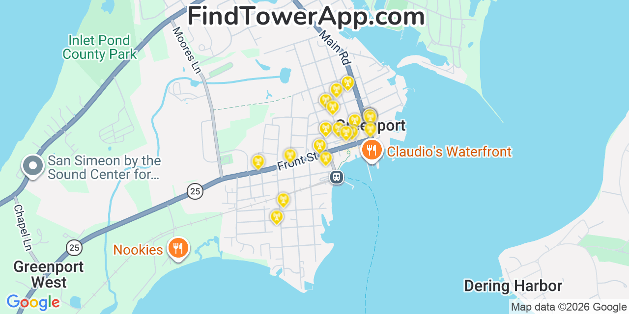 Map showing the 20 primary cell tower locations detected in Greenport, New York from AT&T, Verizon, and T-Mobile networks