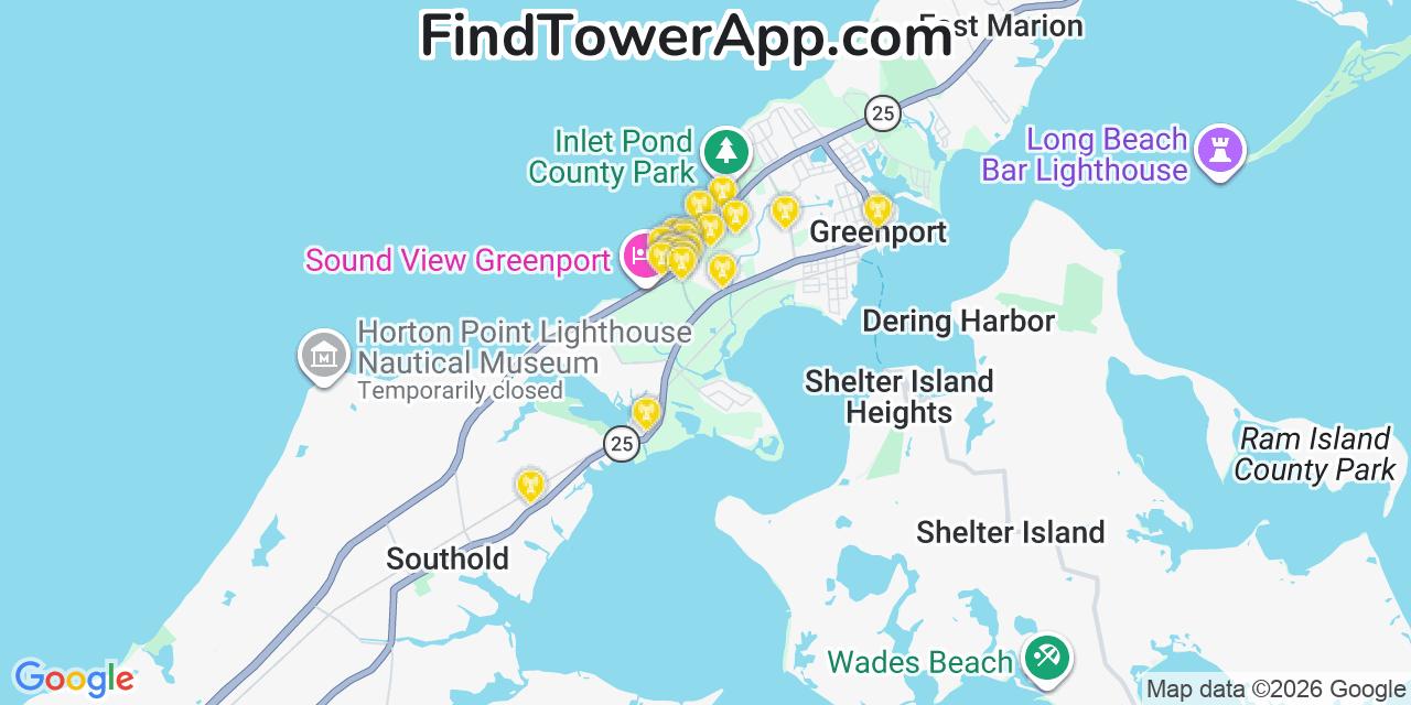 Map showing the 20 primary cell tower locations detected in Greenport West, New York from AT&T, Verizon, and T-Mobile networks