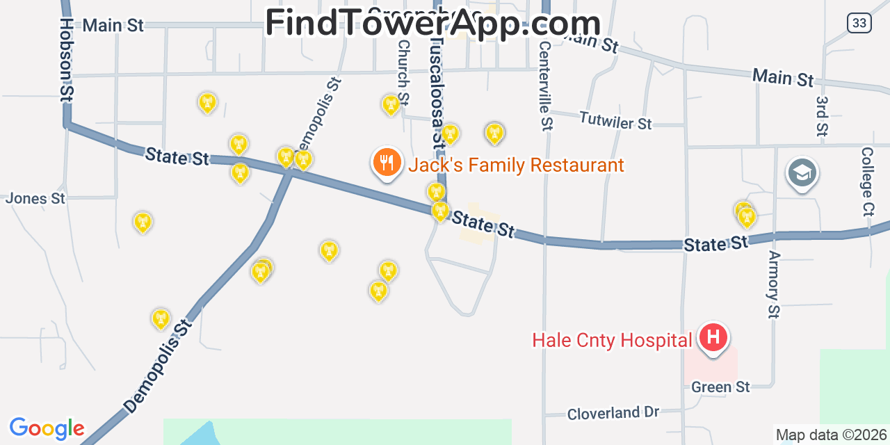 Map showing the 20 primary cell tower locations detected in Greensboro, Alabama from AT&T, Verizon, and T-Mobile networks