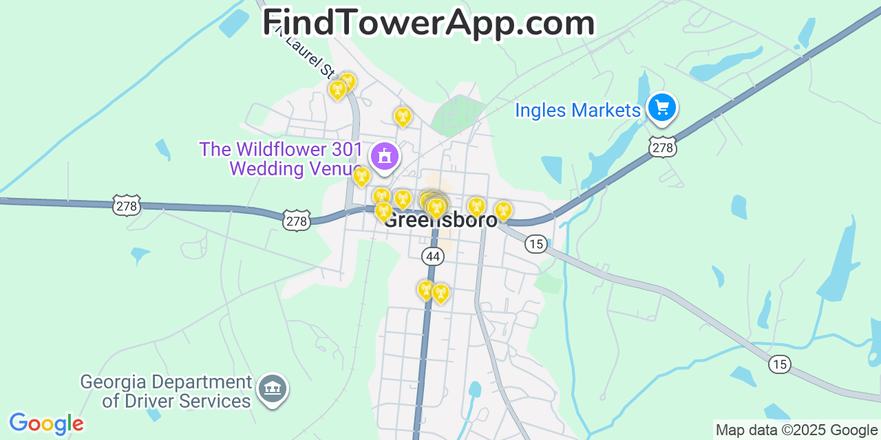 Map showing the 20 primary cell tower locations detected in Greensboro, Georgia from AT&T, Verizon, and T-Mobile networks