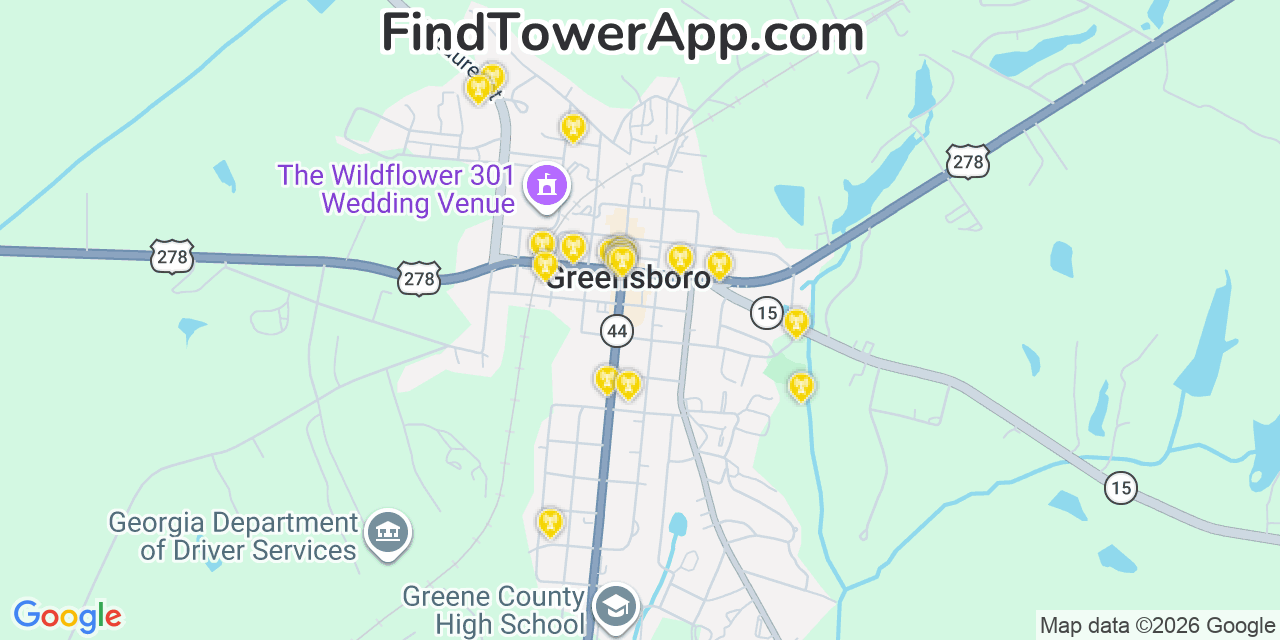 Map showing the 20 primary cell tower locations detected in Greensboro, Georgia from AT&T, Verizon, and T-Mobile networks