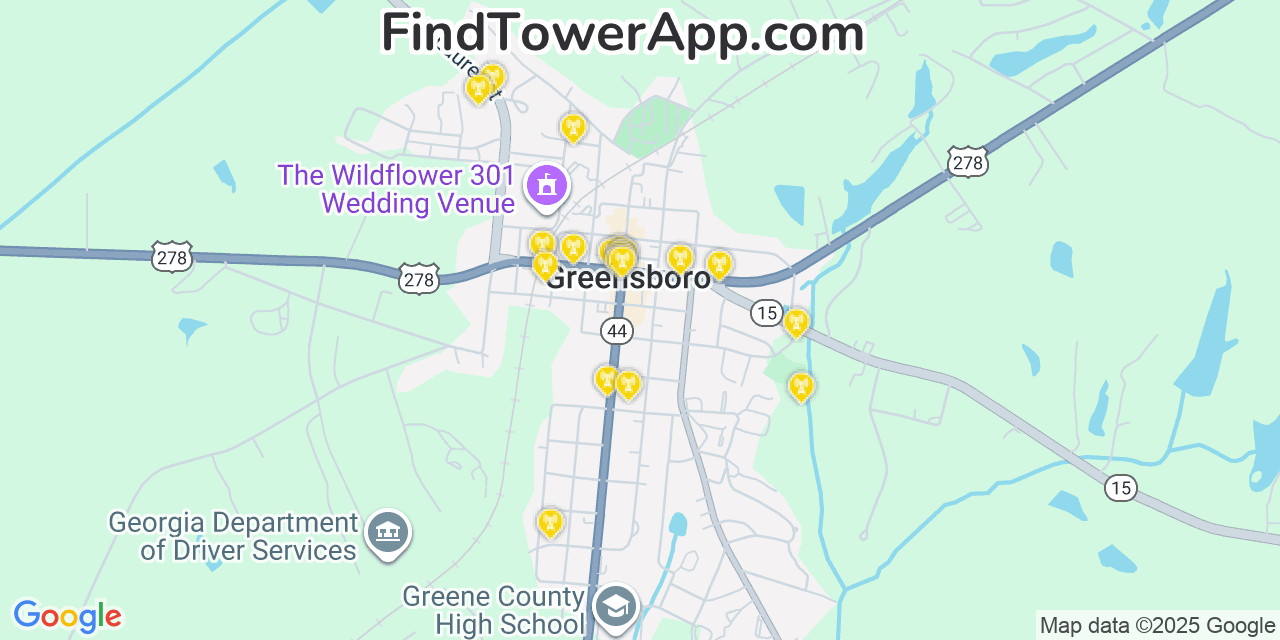 Map showing the 20 primary Mobitel cell tower locations detected in Greensboro, Georgia with coverage radius and signal strength indicators