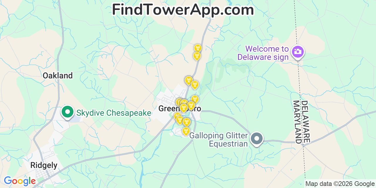 Map showing the 20 primary cell tower locations detected in Greensboro, Maryland from AT&T, Verizon, and T-Mobile networks