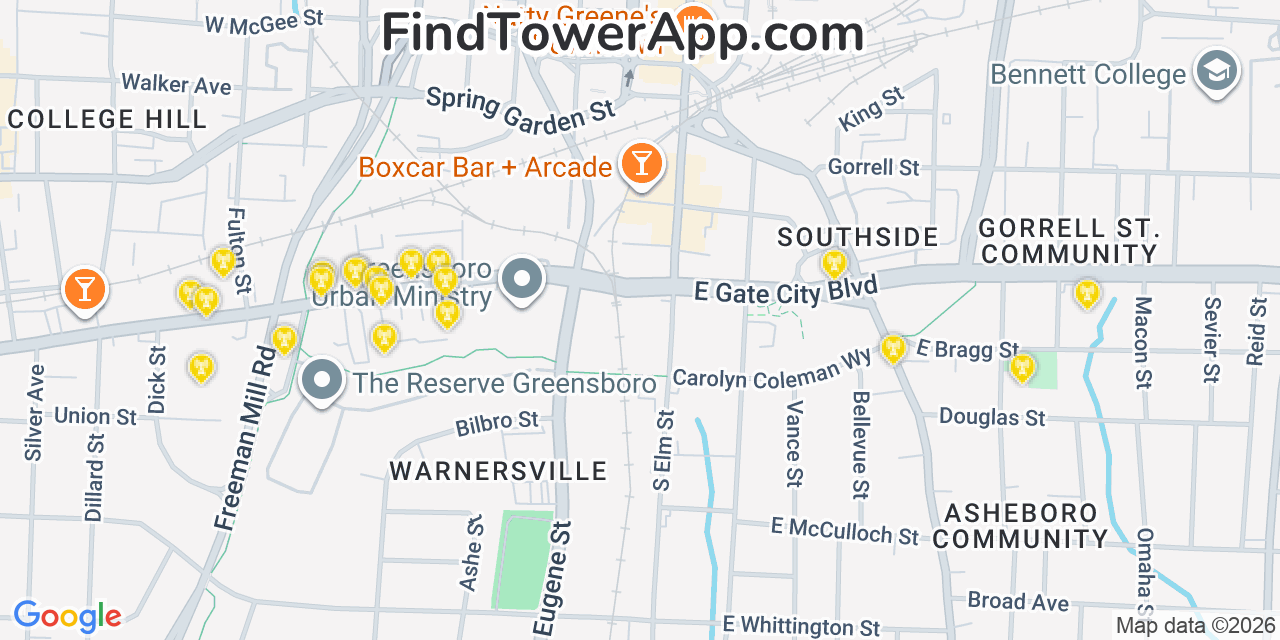 Map showing the 20 primary cell tower locations detected in Greensboro, North Carolina from AT&T, Verizon, and T-Mobile networks
