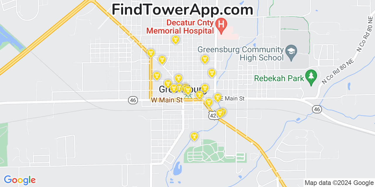 AT&T 4G/5G cell tower coverage map Greensburg, Indiana