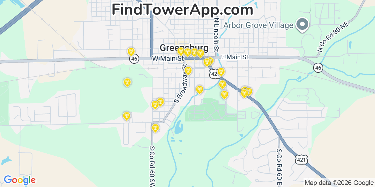 Map showing the 20 primary cell tower locations detected in Greensburg, Indiana from AT&T, Verizon, and T-Mobile networks