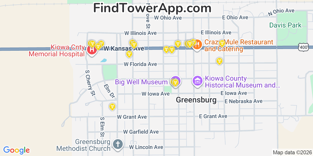 Map showing the 20 primary cell tower locations detected in Greensburg, Kansas from AT&T, Verizon, and T-Mobile networks