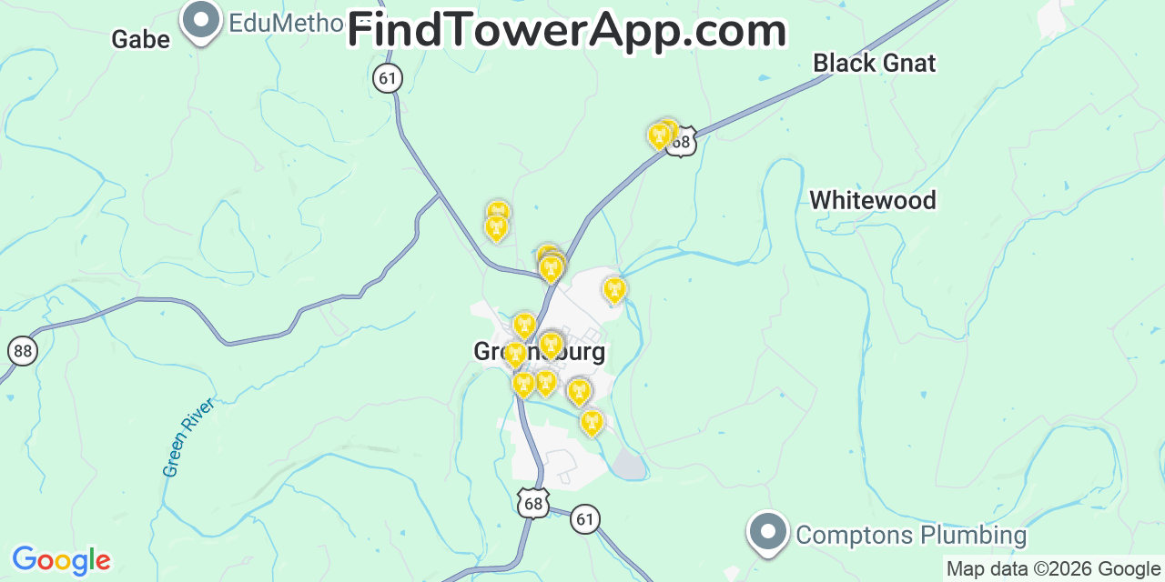 Map showing the 20 primary cell tower locations detected in Greensburg, Kentucky from AT&T, Verizon, and T-Mobile networks