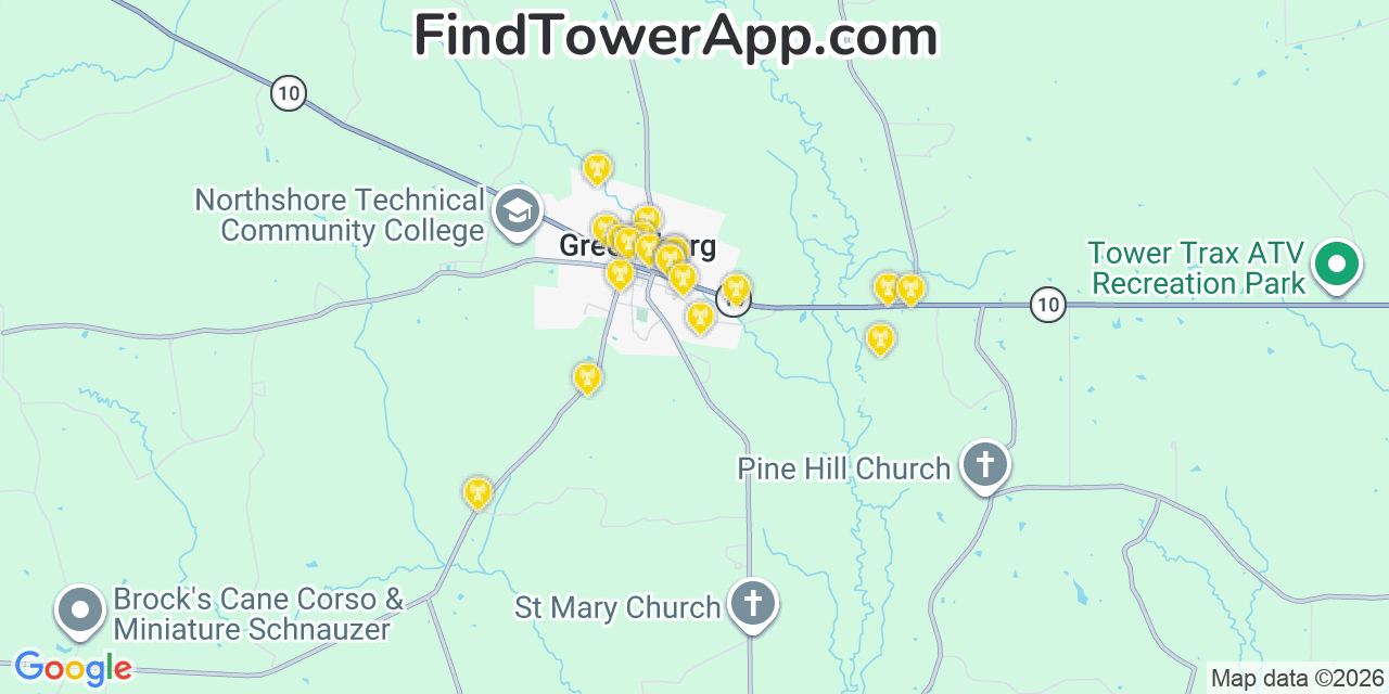 Map showing the 20 primary cell tower locations detected in Greensburg, Louisiana from AT&T, Verizon, and T-Mobile networks
