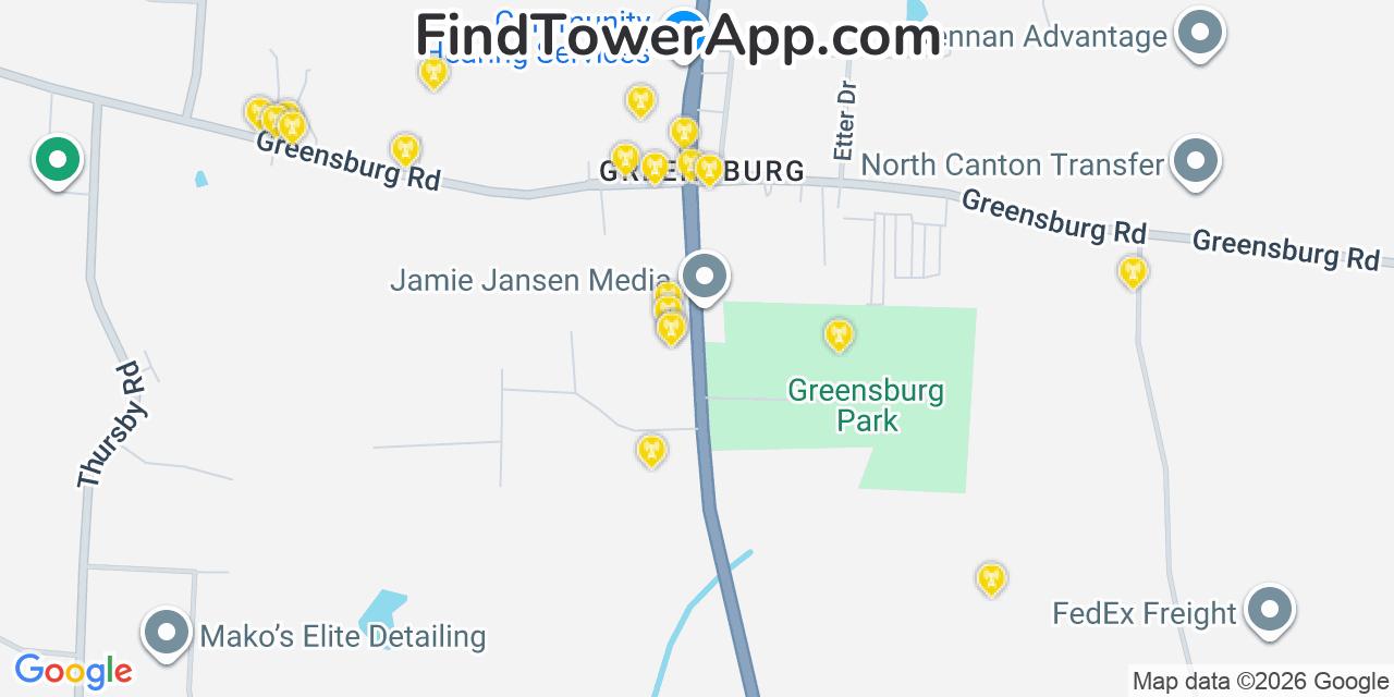 Map showing the 20 primary cell tower locations detected in Greensburg, Ohio from AT&T, Verizon, and T-Mobile networks